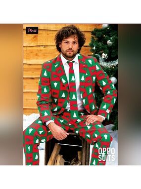 Oppo Suit Mens 3 Piece Christmas Suit Holiday Party Trees Size 40 R New